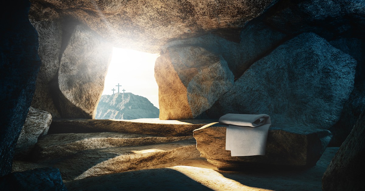 Picture of Jesus' empty tomb; nonbelievers questions if Jesus rose on Sunday.